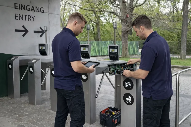 Zwei Techniker in marineblauen Hemden arbeiten an der Reparatur oder Inspektion von elektronischen Drehkreuzen an einem Eingangstor im Freien. Einer verwendet ein Tablet, während der andere freiliegende Schaltkreise untersucht. Eine Werkzeugtasche liegt in der Nähe auf dem Boden. Auf den Schildern steht "Eingang / Entry.
