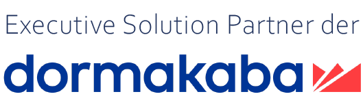 Logo mit dem Text "Executive Solution Partner der dormakaba" in blauer Schrift auf hellem Hintergrund, mit einem roten geometrischen Muster neben "dormakaba" - ideal für die Verwendung als Kopfzeile in Elementor-Layouts. #1208.