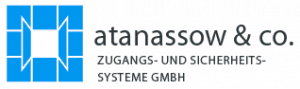 Logo für Atanassow & Co. Zugangs- und Sicherheitssysteme GmbH, mit einem blauen geometrischen Quadrat neben dem Firmennamen und der Beschreibung in grauer Schrift auf hellem Hintergrund.